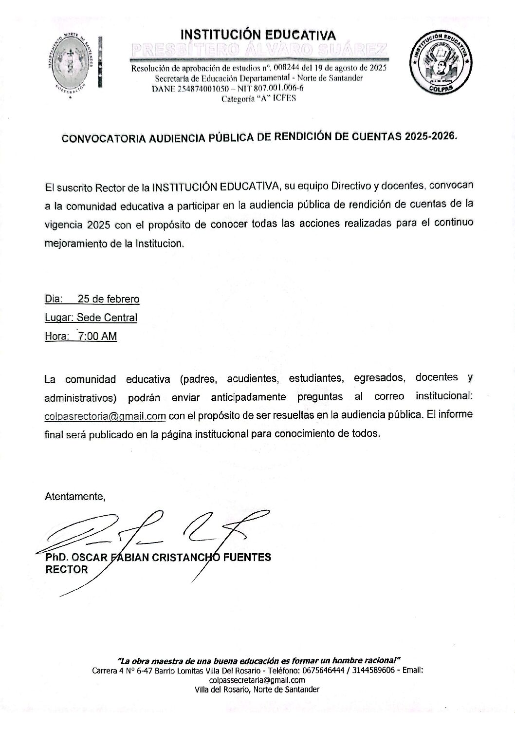 CONVOCATORIA AUDIENCIA RENDICIÓN DE CUENTAS 2025-2026