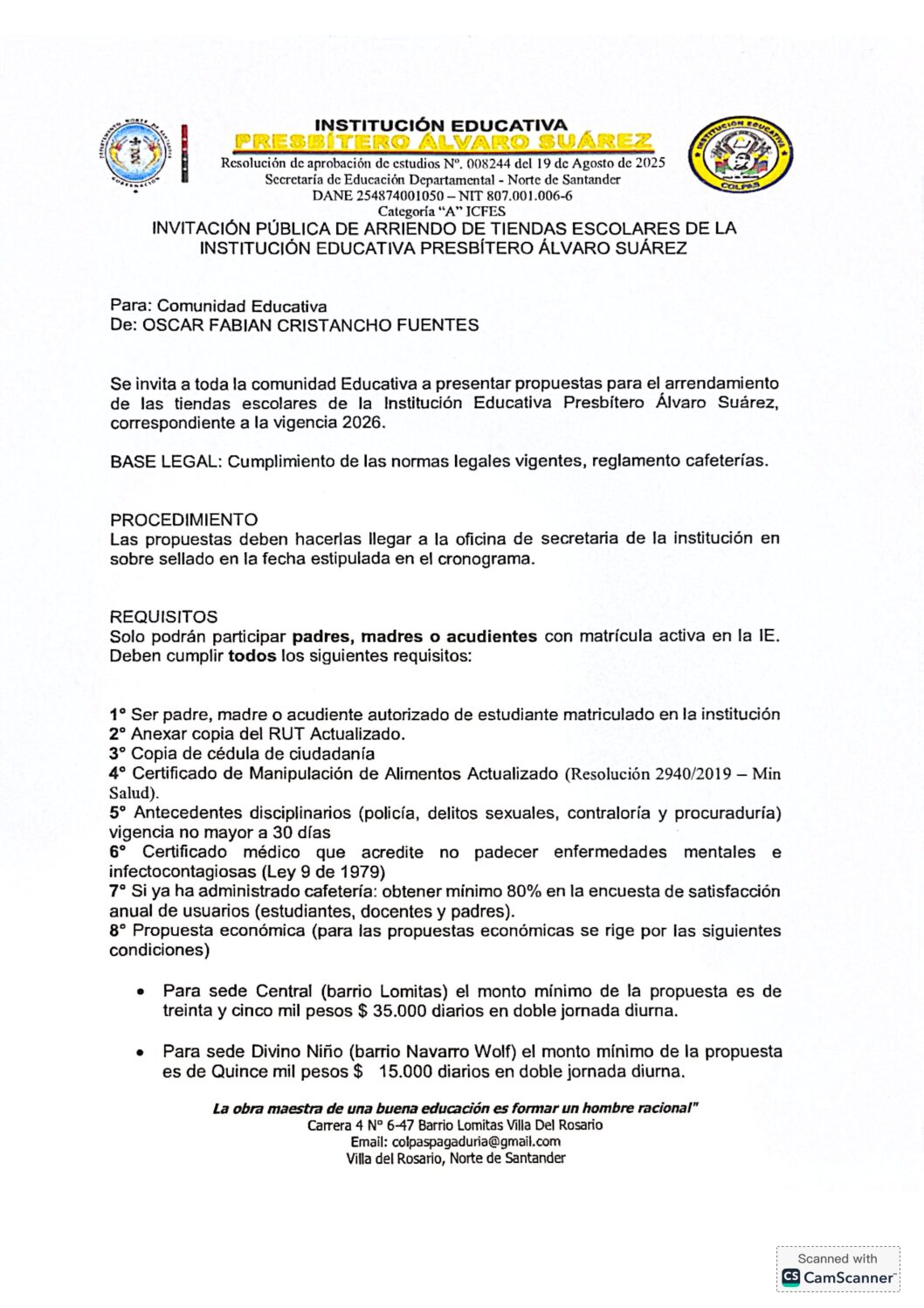 INVITACIÓN PÚBLICA – ARRIENDO DE TIENDAS ESCOLARES